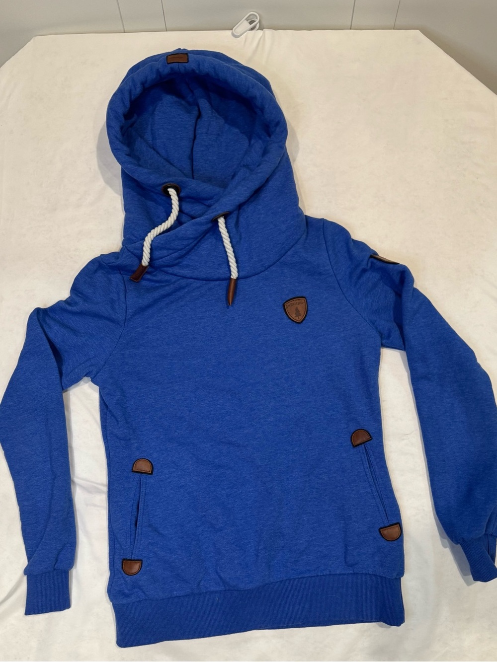 Wanakome Hoodie Womens L Blue Cowl Neck Pullover Leather Patch Rope Drawstring